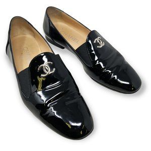 CHANEL Black Patent Calf Leather CC Mocassins-Loafers, Vintage, US 7.5, EUR 37.5